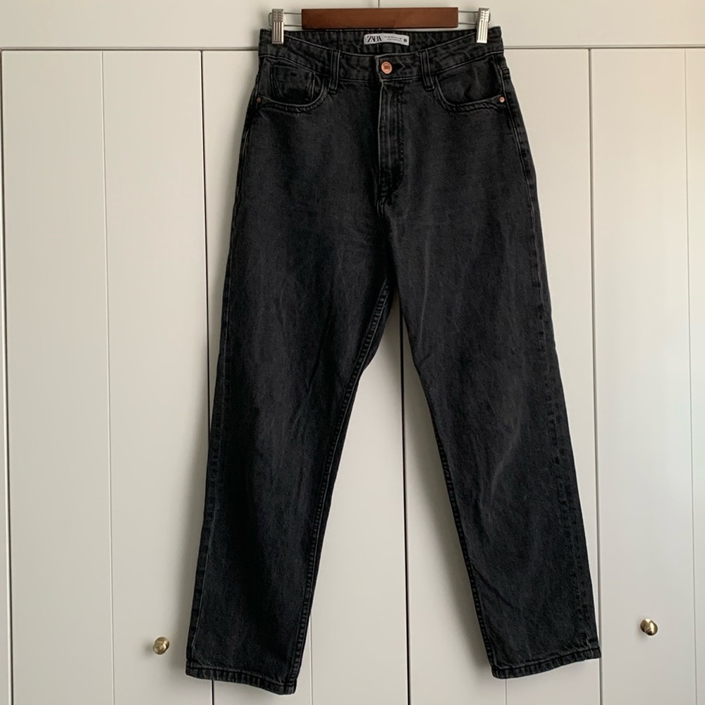 Zara women’s black straight leg denim jeans high-rise‎ 6